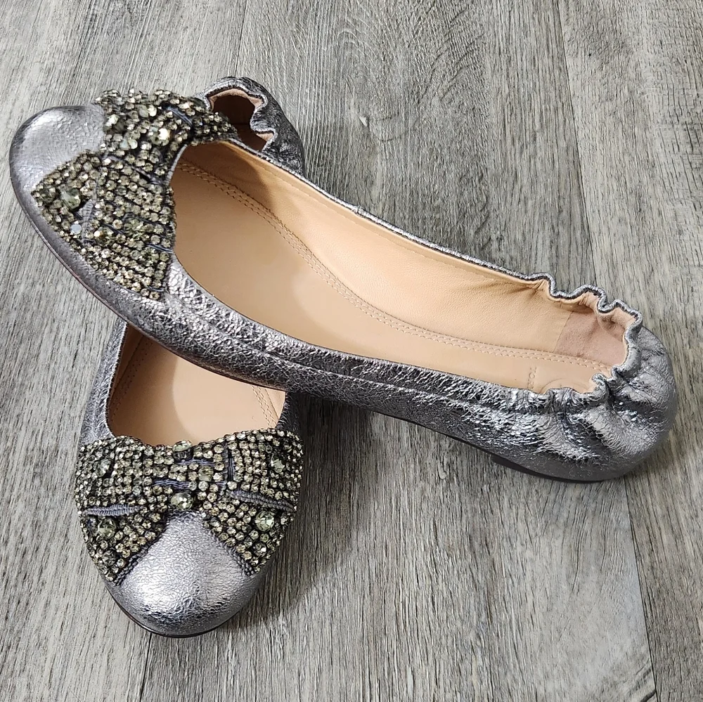Tory Burch Mettalic Eddie Ballet Flats‎ With Crystal Bow